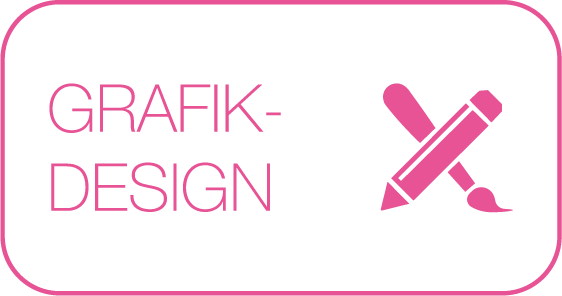 Ein rosa Button mit der Aufschrift „Grafik-Design“ und einem Bleistift- und Pinselsymbol