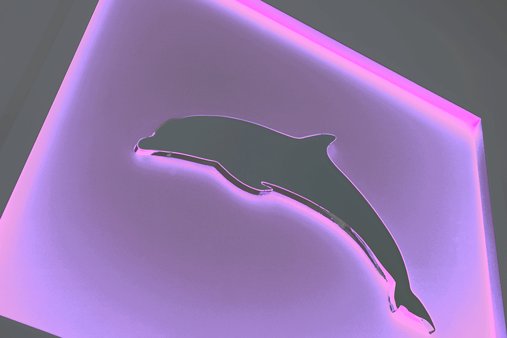 Eine Silhouette eines Delphins auf violettem Hintergrund