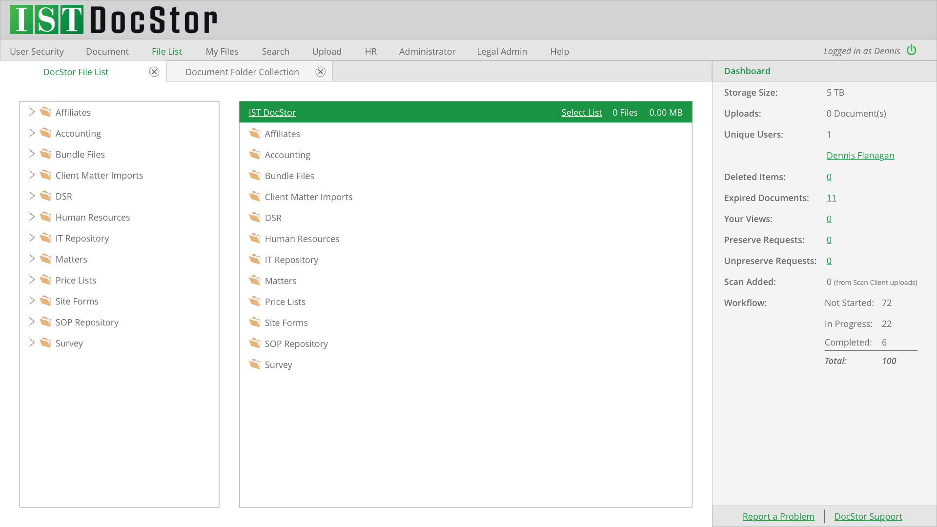 DocStor web app interface with folder tree, file list, and details panel in green and white layout