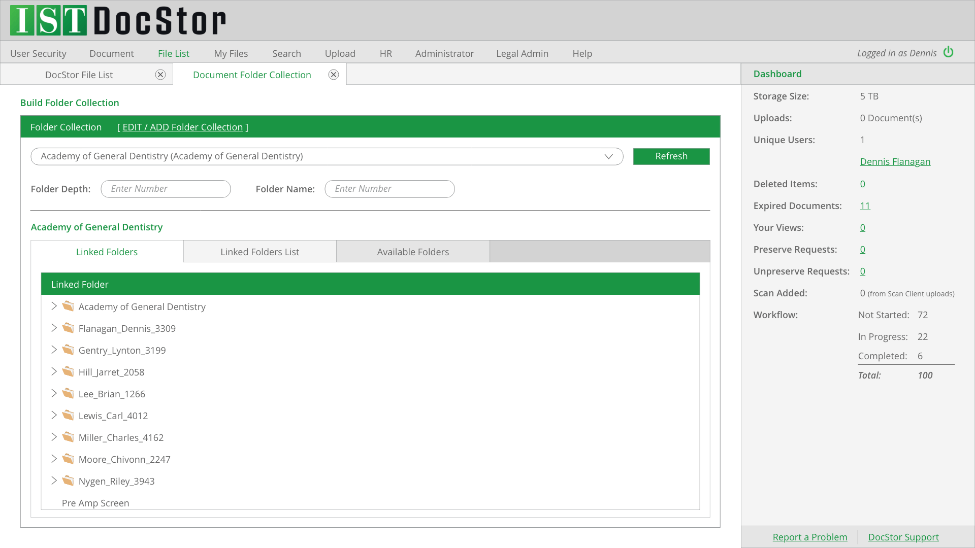 DocStor web interface with green header, file list, and search/sidebar panels on a white page