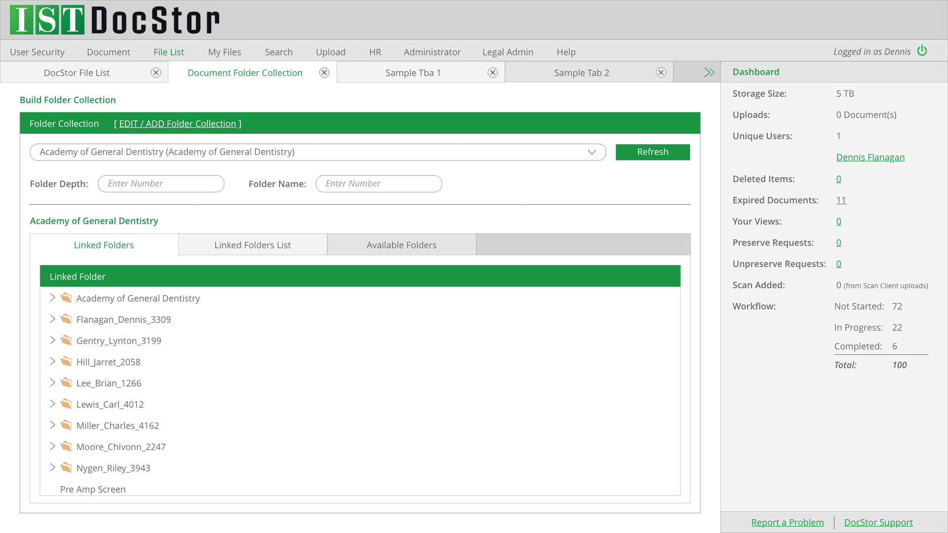 DocStor web app dashboard with green header and a file list sidebar on a white page