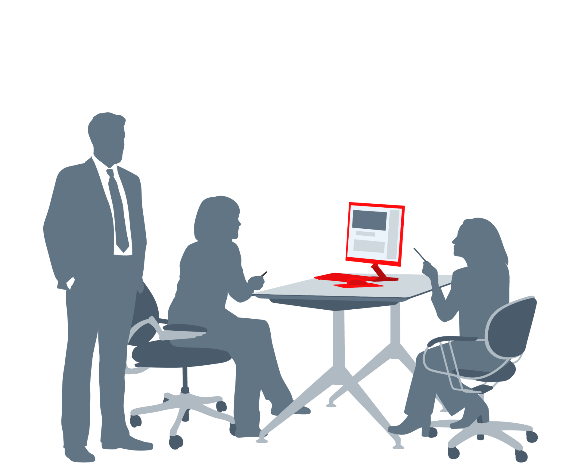 Three people in an office meeting around a table, with a laptop highlighted in red.