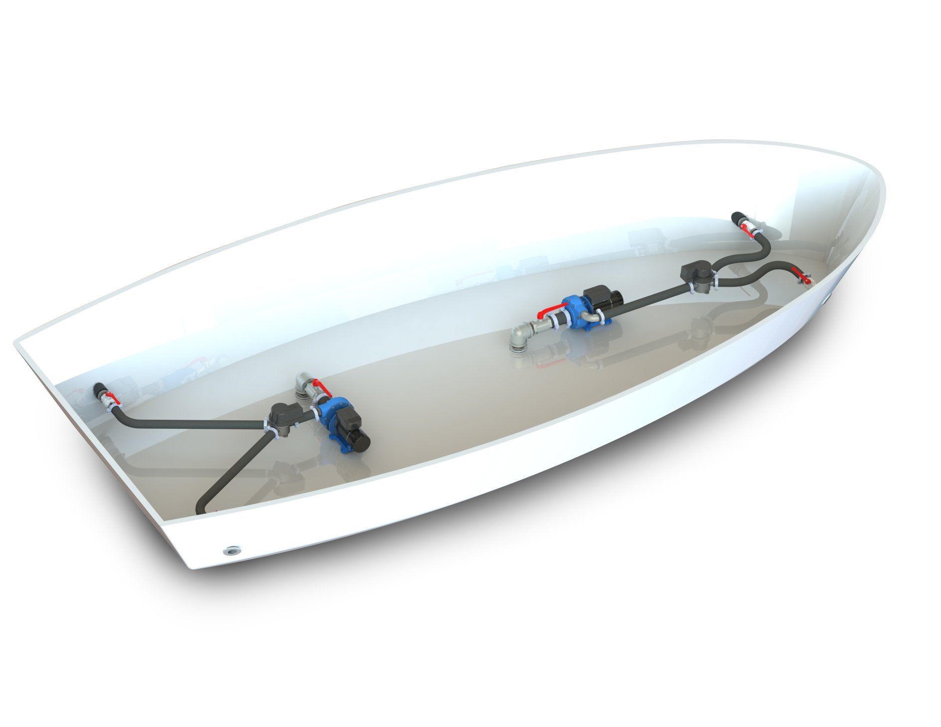 Artist impression of two Jet Thruster Single systems installed to the bow AND stern of a yacht. Pump units, flexible hoses, diverter valves and nozzle sections clearly visible
