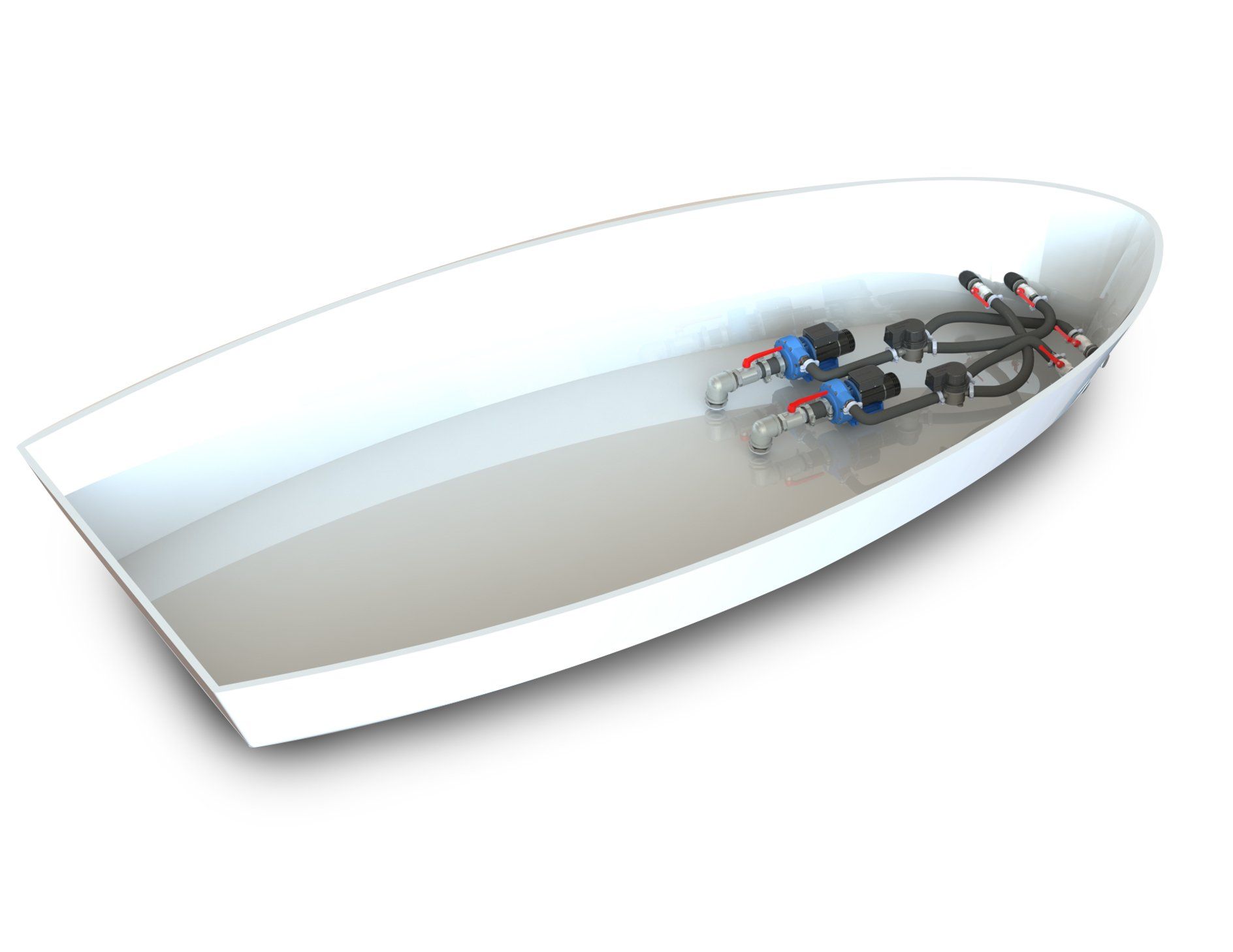 Artist impression of two Jet Thruster Single systems installed to the bow of a yacht. Pump units, flexible hoses, diverter valves and nozzle sections clearly visible