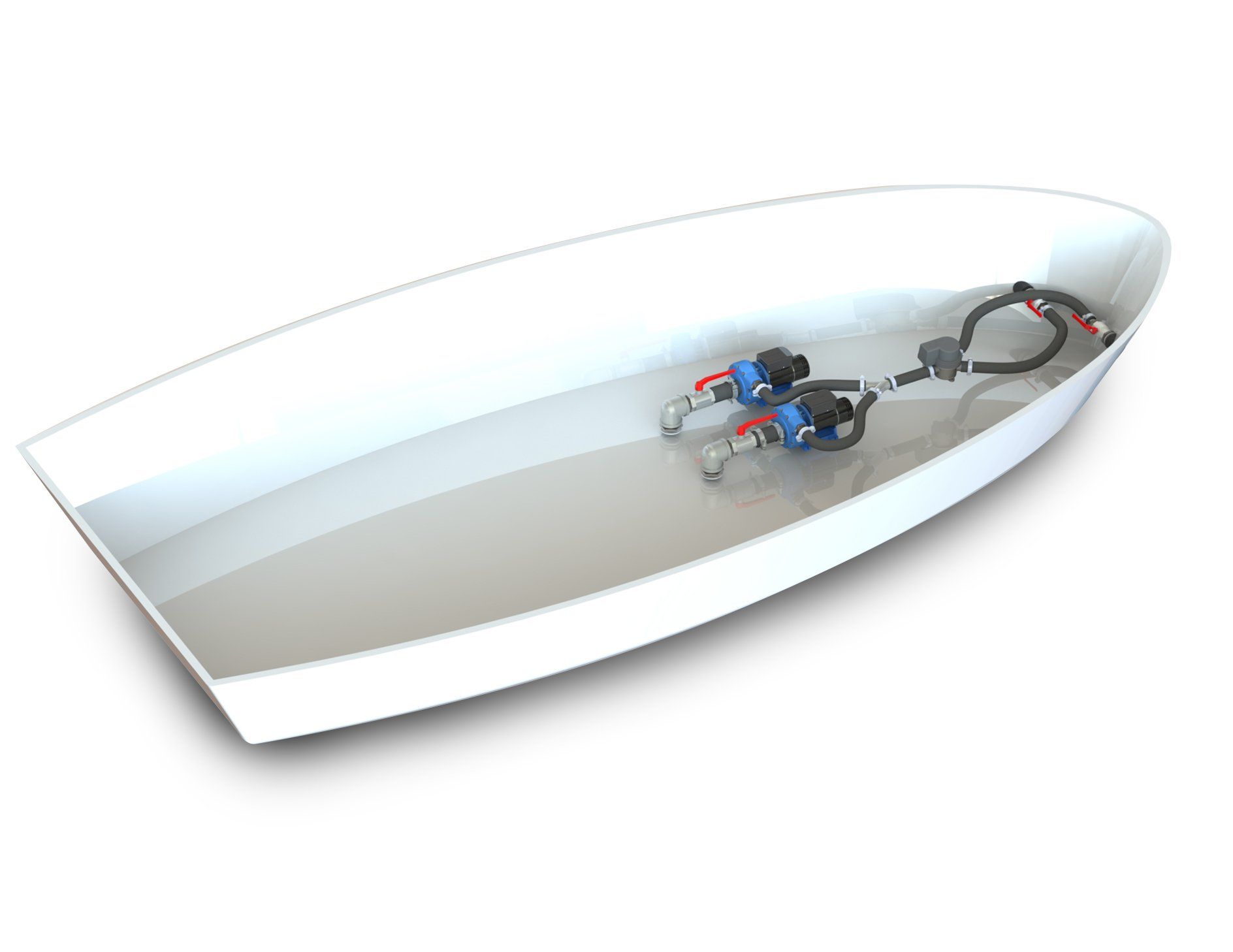 Artist impression of two Jet Thruster JT90 Single systems installed to the bow of a yacht. Pump units, flexible hoses, diverter valves and nozzle sections clearly visible.