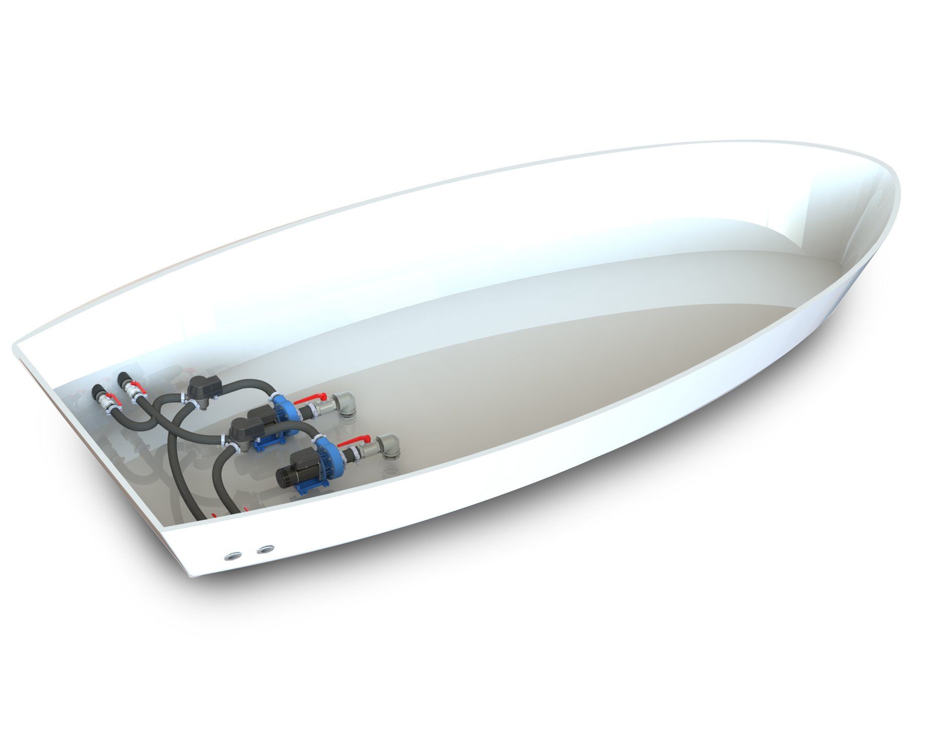 Artist impression of two Jet Thruster JT90 Single systems installed to the stern of a yacht. Pump units, flexible hoses, diverter valves and nozzle sections clearly visible.
