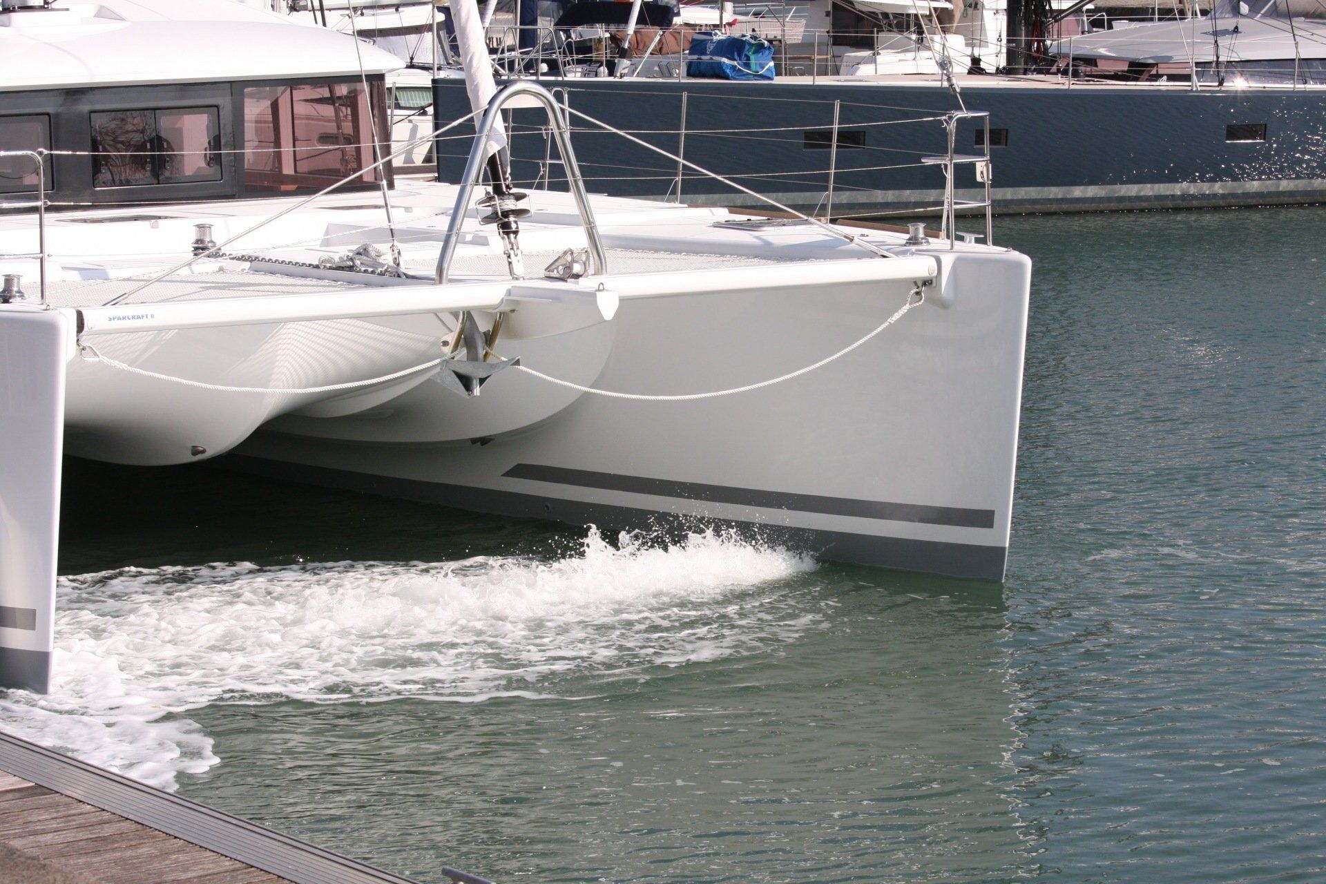 Jet Thruster nozzles activated and pushing a Lagoon 560 sideway in the Marina of La Rochelle