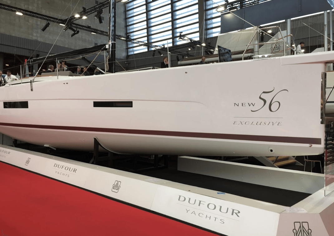 Dufour 56 with Jet Thruster nozzles present in the bow. Boat at display at the Salon de Nautique de Paris