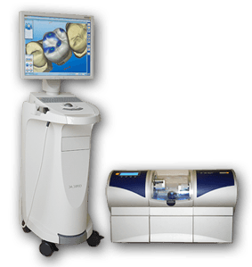 Dental CAD/CAM milling system with monitor and two white-and-blue machine units
