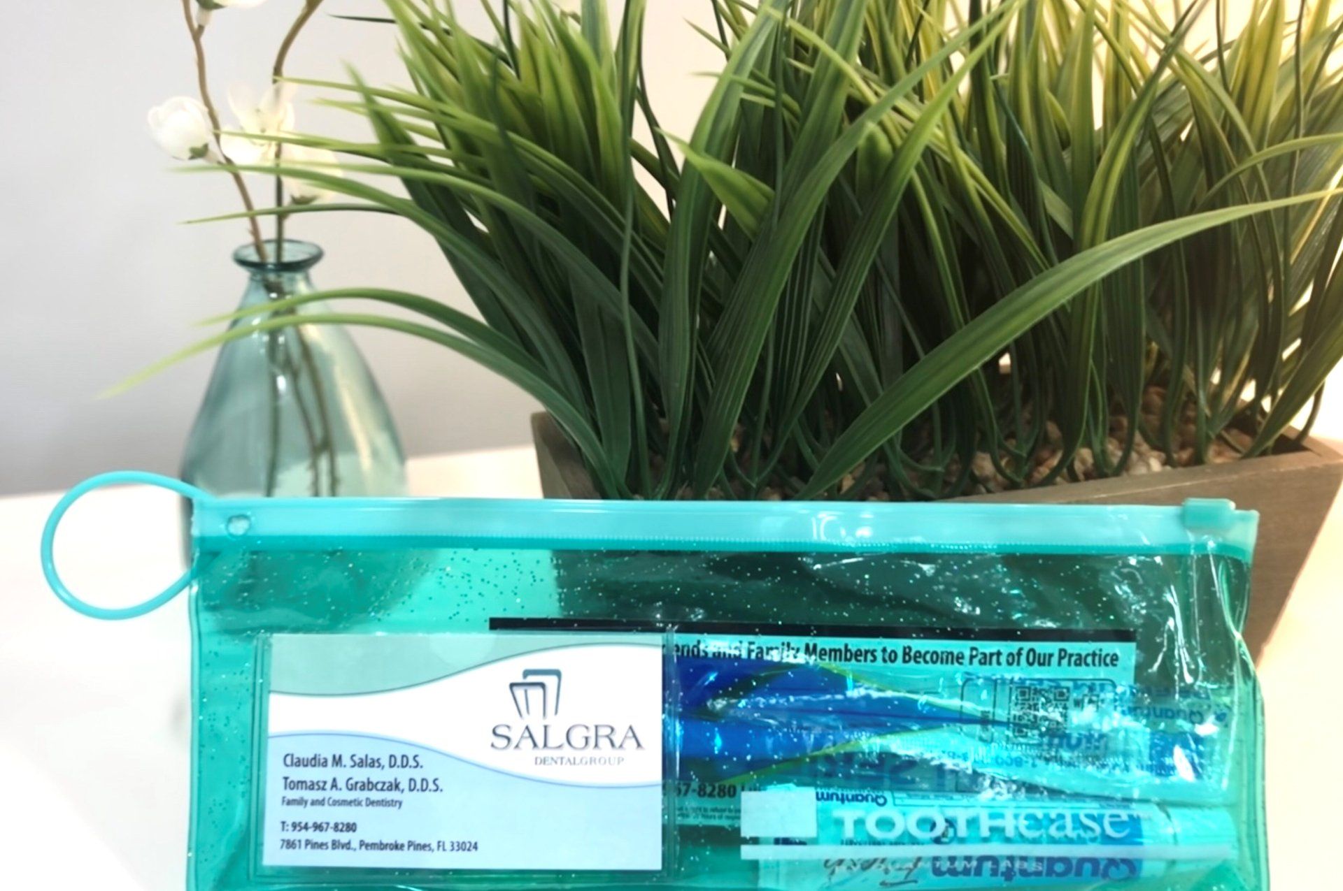 Teal Salura toothbrush case on a table with a white plant pot and green grass-like leaves