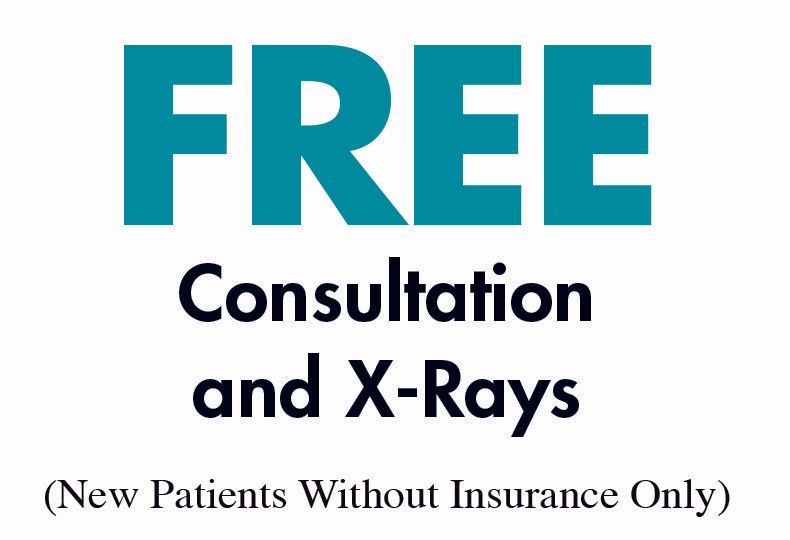 Free consultation and X-rays for new uninsured patients, with turquoise and black text.