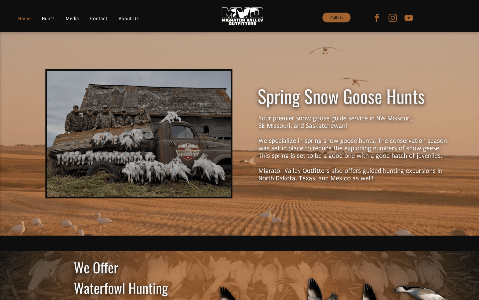 A screenshot of a website for spring snow goose hunts.