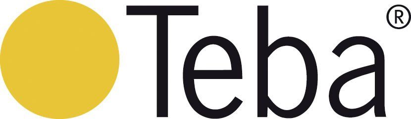 Ein Teba-Logo mit einem gelben Kreis in der Mitte