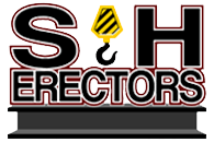 The logo for s & h erectors has a crane hook on it.