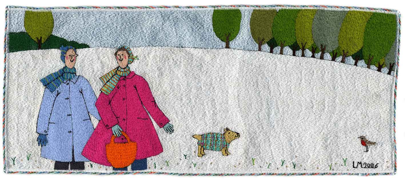 Snowy Hilltop. Machine embroidery by Linda Miller