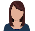 Ícone genérico de avatar feminino com cabelo castanho e blusa azul-marinho em fundo branco.