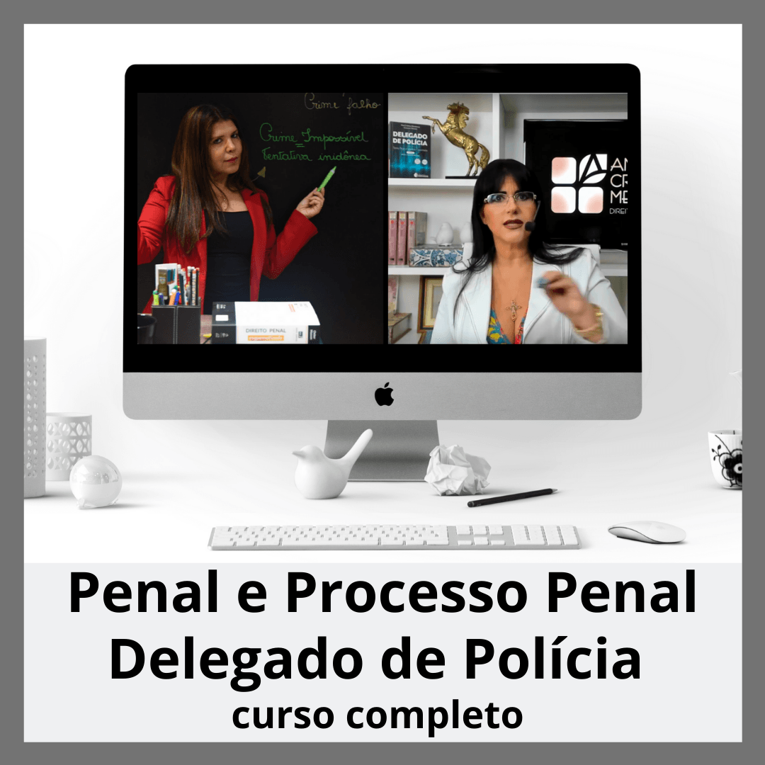 Course advertisement on an iMac for “Penal e Processo Penal Delegado de Polícia” with instructor video call screenshot