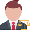Ícone de avatar de advogado com gravata vermelha e balança da justiça dourada.