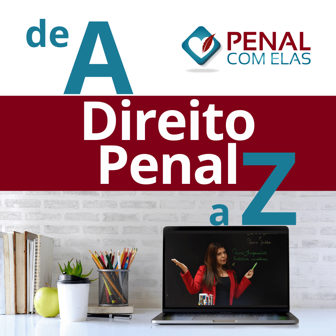 Faixa com o texto “Direito Penal”, logotipo “Penal com Elas” e um laptop sobre uma mesa com material de escritório.