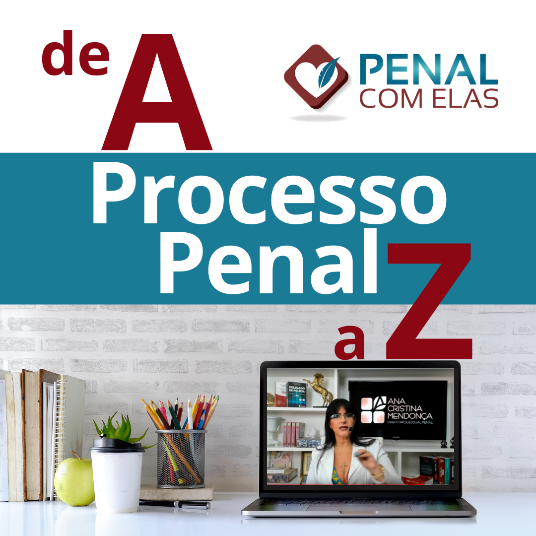Faixa com a inscrição “Processo Penal”, logotipo de escritório de advocacia, livros, material de escritório e um laptop mostrando um apresentador.