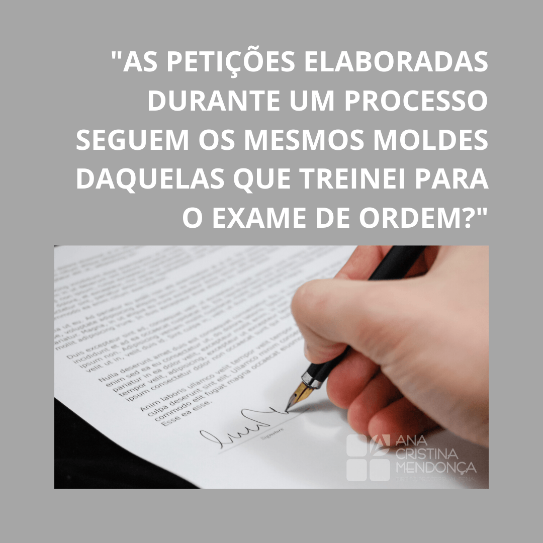 Mão escrevendo em uma petição; texto em português sobre modelos usados no exame da ordem.