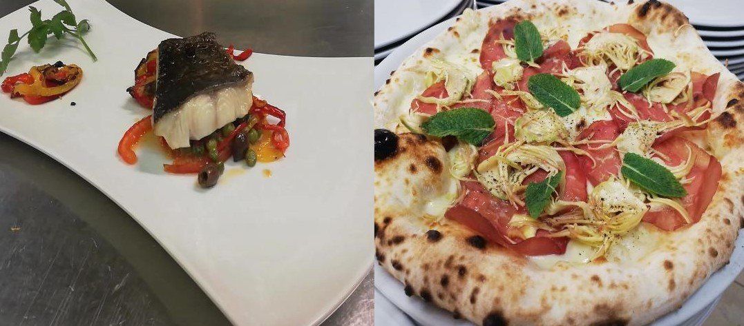 specialità di pesce e pizza con prosciutto crudo e carciofi