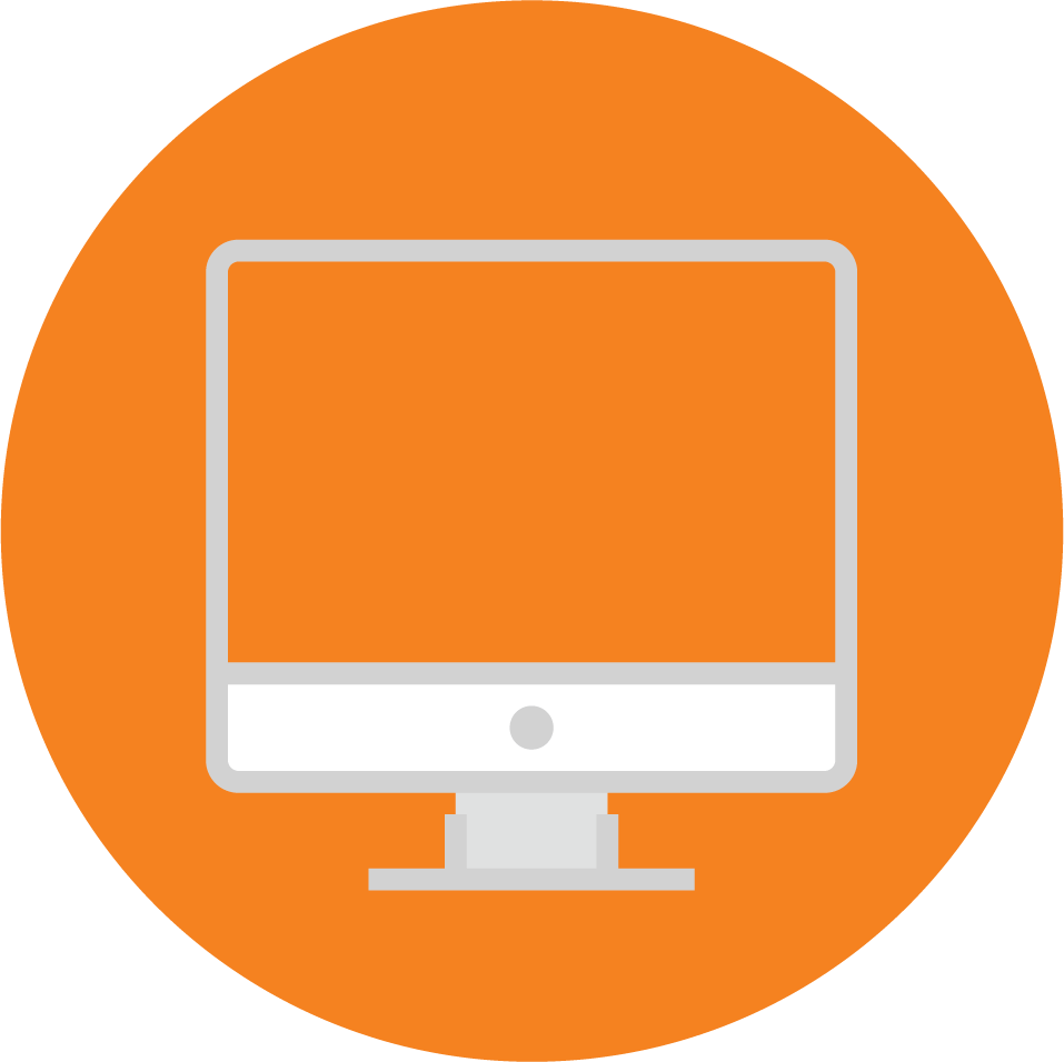 A light gray computer monitor icon centered on a bright orange circular background.