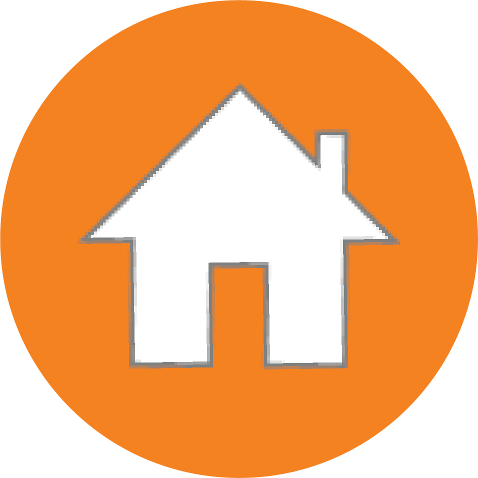 A white house icon with a chimney, centered inside an orange circle.