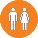 A white male and female restroom icon centered on a circular orange background.