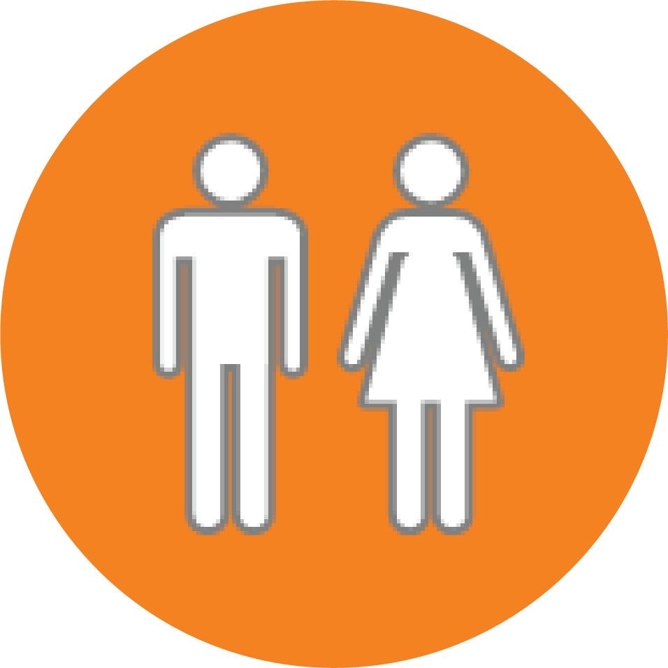 A white male and female restroom icon centered on a circular orange background.