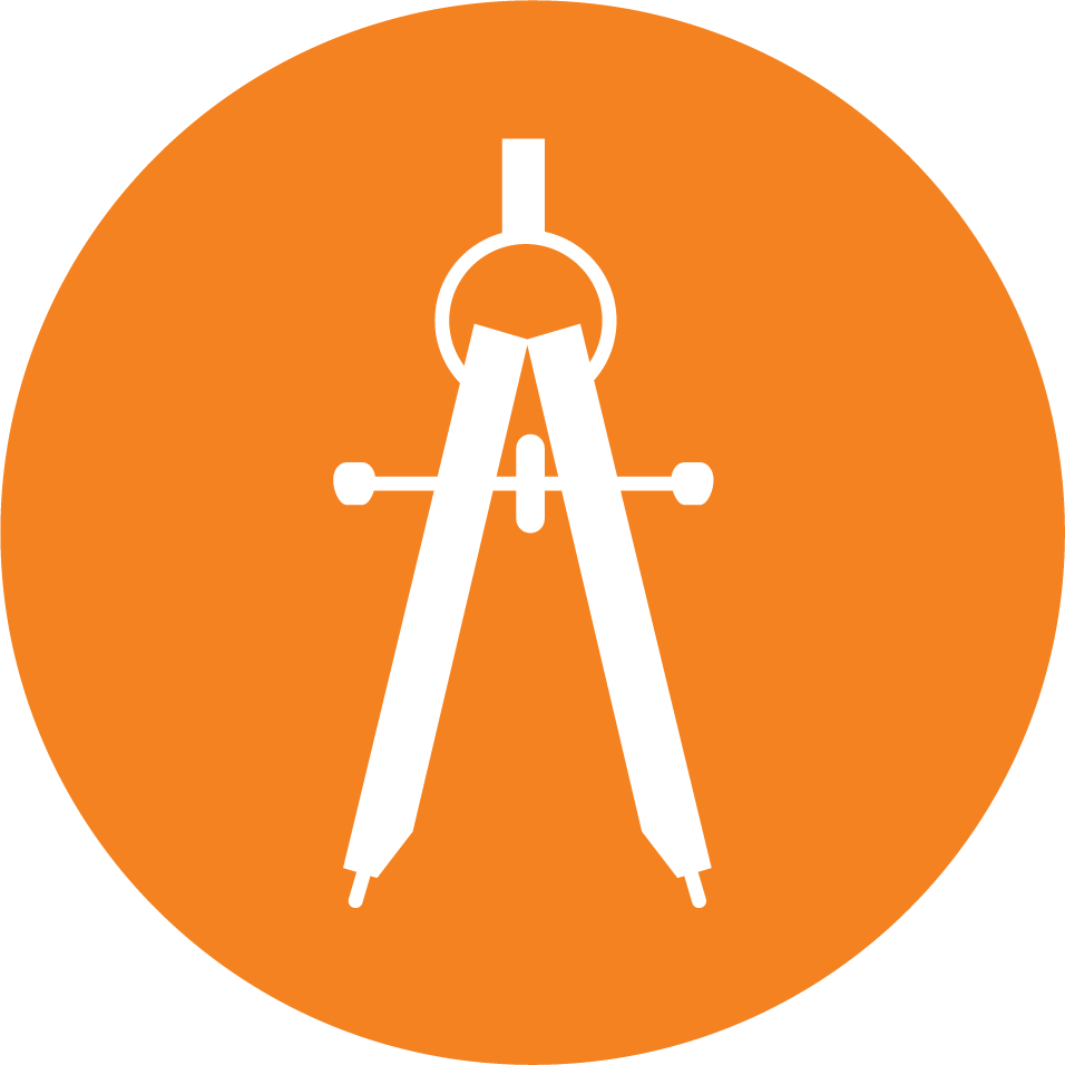 A white drafting compass icon centered on an orange circular background.