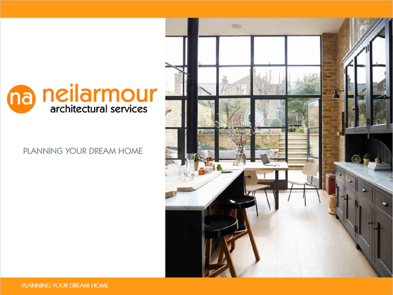 Branding for Neil Armour Architectural Services featuring a modern kitchen interior with large windows.