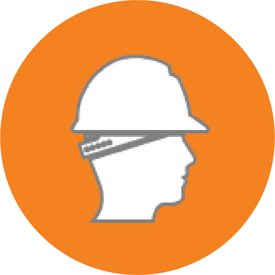 A white silhouette of a person wearing a hard hat inside an orange circle.