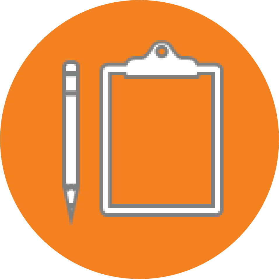 A white pencil and a blank clipboard icon centered on an orange circular background.