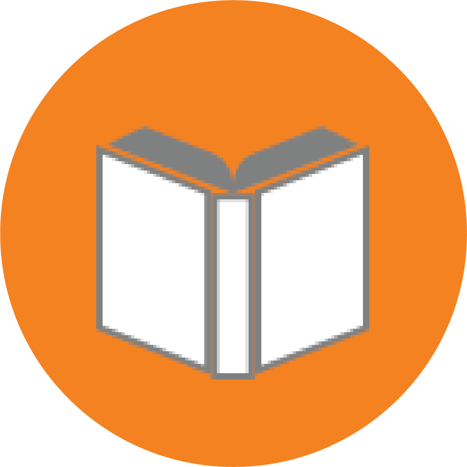A grey, open book icon centered on a solid orange circle.