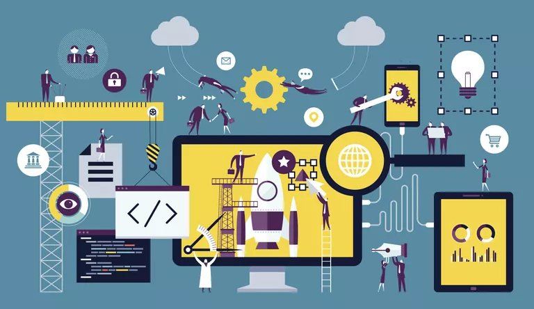 An illustration of a computer screen with a robot on it surrounded by people.