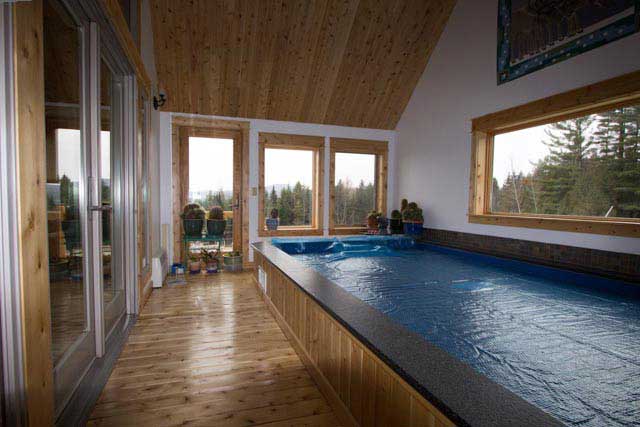 Indoor pool room with wooden walls, a long blue pool, and large windows overlooking trees.