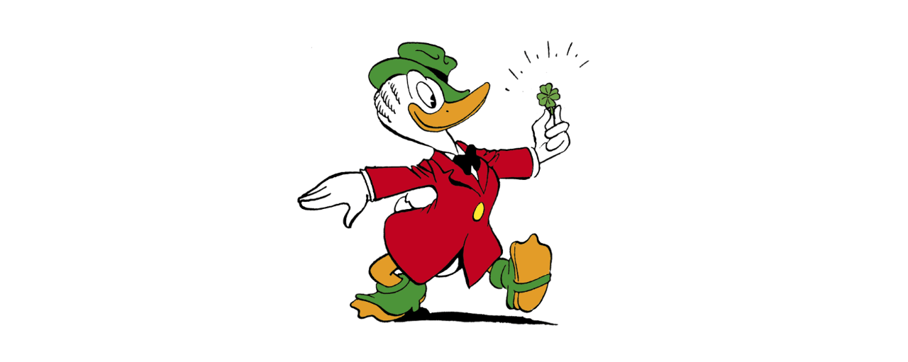 Een getekende eend in een rode jas en groene hoed houdt een oplichtend klavertje vast.
