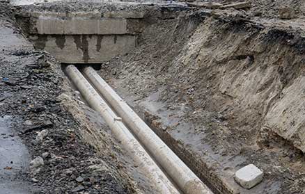 Two concrete pipes in a trench under a concrete structure; construction site.