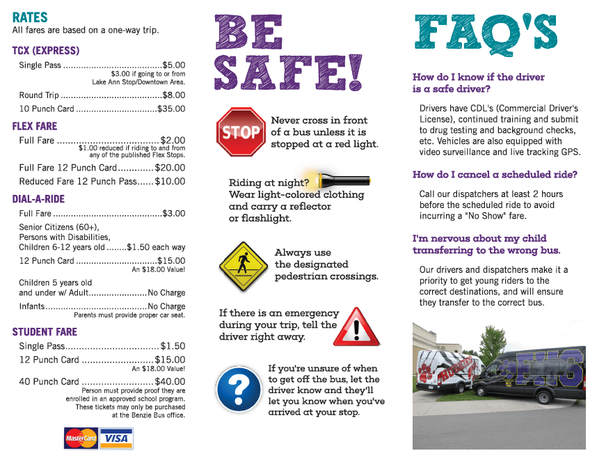 Flyer with transportation rates and safety tips, including a stop sign and pedestrian crossing sign.