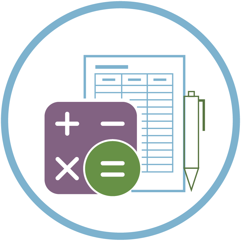 Calculator, spreadsheet, and pen icon inside a blue circle; for finances.