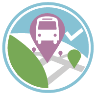 Icon: a bus pin on a map, with a checkmark, surrounded by a circle.