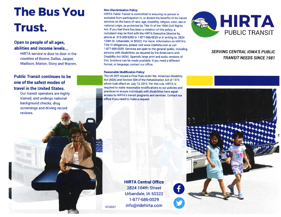 Brochure promoting HIRTA public transit; people of all ages and abilities riding. Girls walking near parked buses.