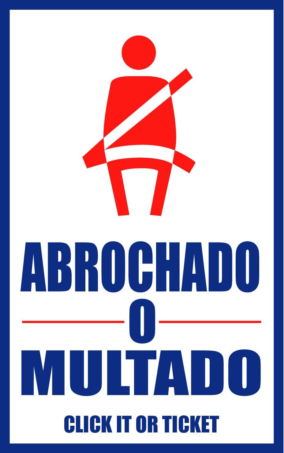 Sign: Red figure with seatbelt above blue text 