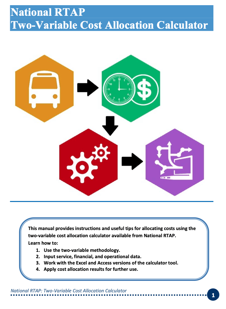 Flowchart: National RTAP Two-Variable Cost Allocation Calculator. Shows a bus, time/money, cogs, and a chart.