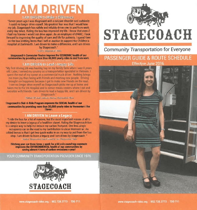 Woman in front of a bus with an orange and white background. Stagecoach passenger guide for June 2016.