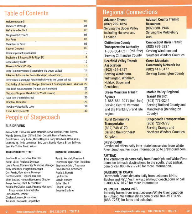Table of contents and regional transit information for Stagecoach in Vermont.