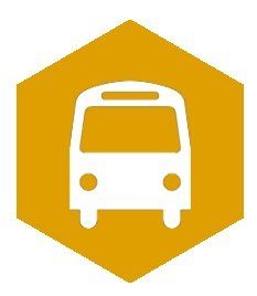 White bus icon inside a gold hexagon.