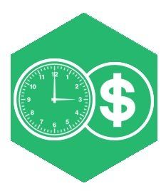 Clock and dollar sign, representing time is money. Green background.