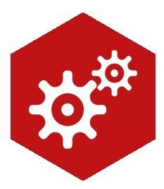 White gears inside a red hexagon, representing settings or configuration.